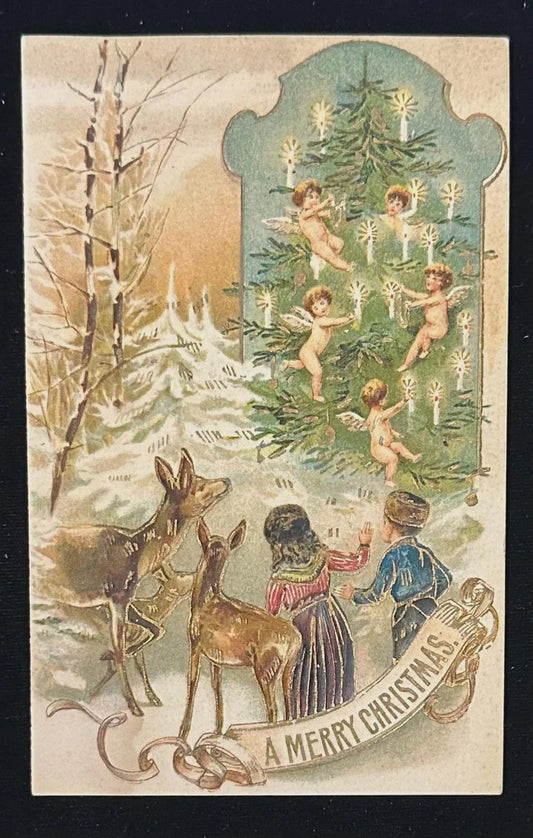 Vintage-style Christmas card with children, deer, and angels around a decorated tree.