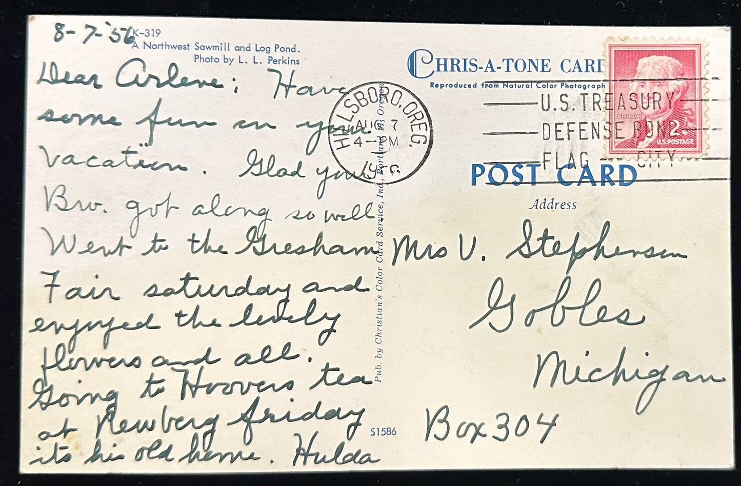 Vintage postcard with handwritten text and postage stamp, featuring a Chris-A-Tone card design.