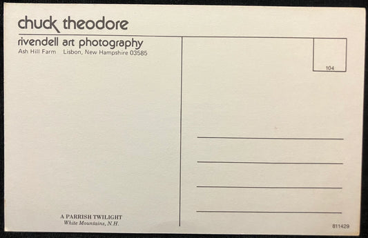 Back of a postcard with 'chuck theodore rivendell art photography' text and address details.