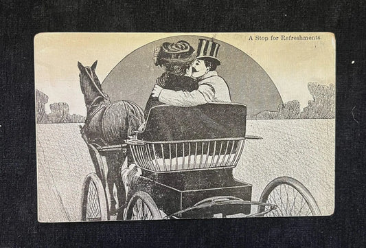 Vintage illustration of a couple in a carriage with a horse, set against a plain background.
