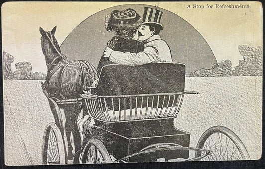 Vintage illustration of a couple in a carriage with a horse, set against a plain background.