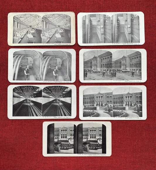 A collection of seven vintage stereo view cards depicting black and white images of the Sears, Roebuck & Co. headquarters in Chicago, Illinois, from the 1910s.