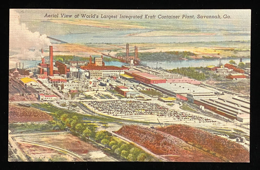 Aerial View of World's Largest Integrated Kraft Container Plant, Savannah, Georgia - 1940s Linen Pos