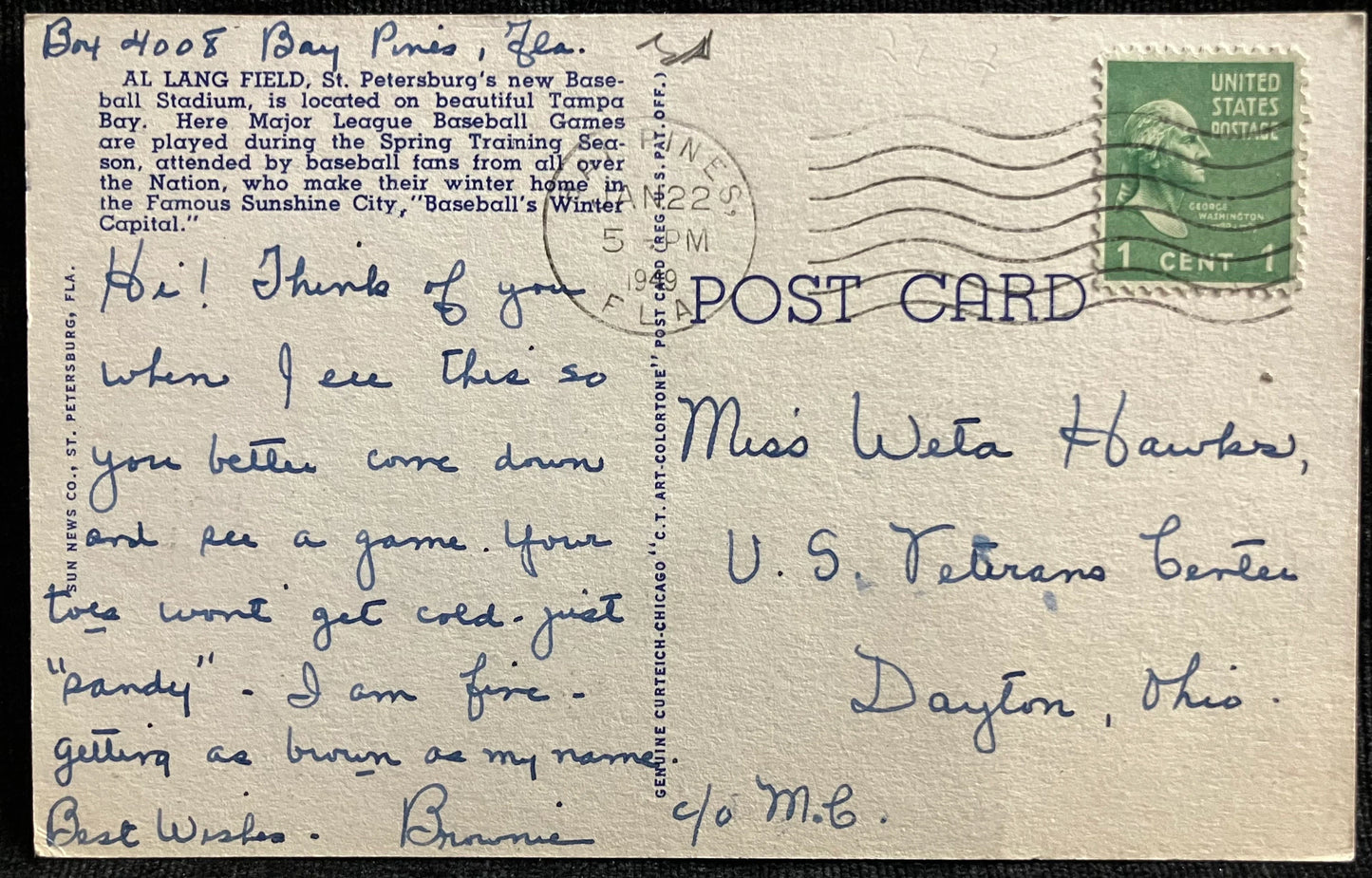 Al Lang Field on Beautiful Tampa Bay St. Petersburg, Florida - “The Sunshine City” - Vintage Postcar