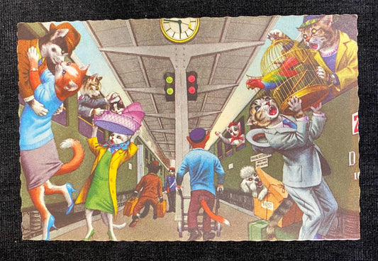 Alfred Mainzer Fantasy Postcard - Train Departure for the Cats - Cats Dressed and Acting Like Peopl