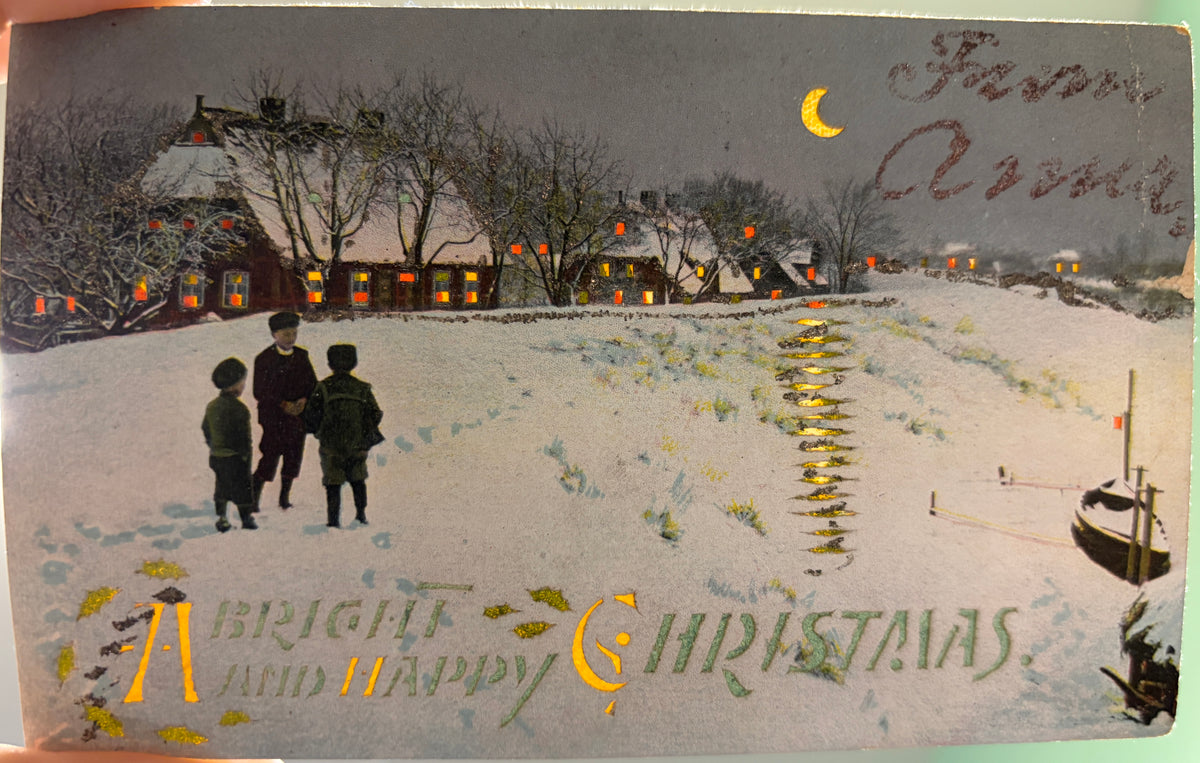 1908 Hold-to-Light Christmas Postcard with Three Boys - Vintage Postcard