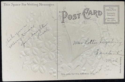 Embossed and Glittery Christmas Bell with Ribbon and Holly - Vintage Postcard