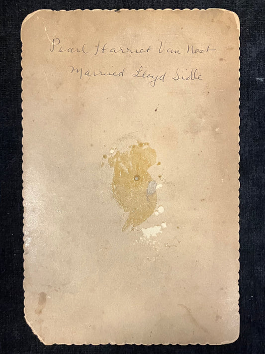 1880s Photo of Dutch American Farm Girl - Scalloped Gilt Edge Cabinet Card - Harrington Studio Cleveland Ohio - Sepia tone Pastoral Background