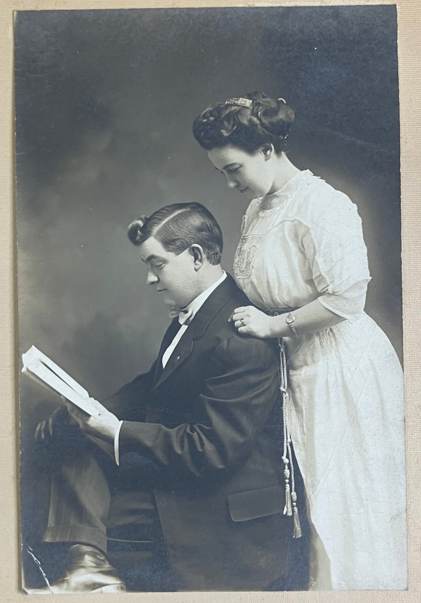 Unusual Engagement Photo 1910 - Ornate Victorian Summer Dress and Vintage Hair Styles - R. D. Bayley Photo - Flirtatious Bride