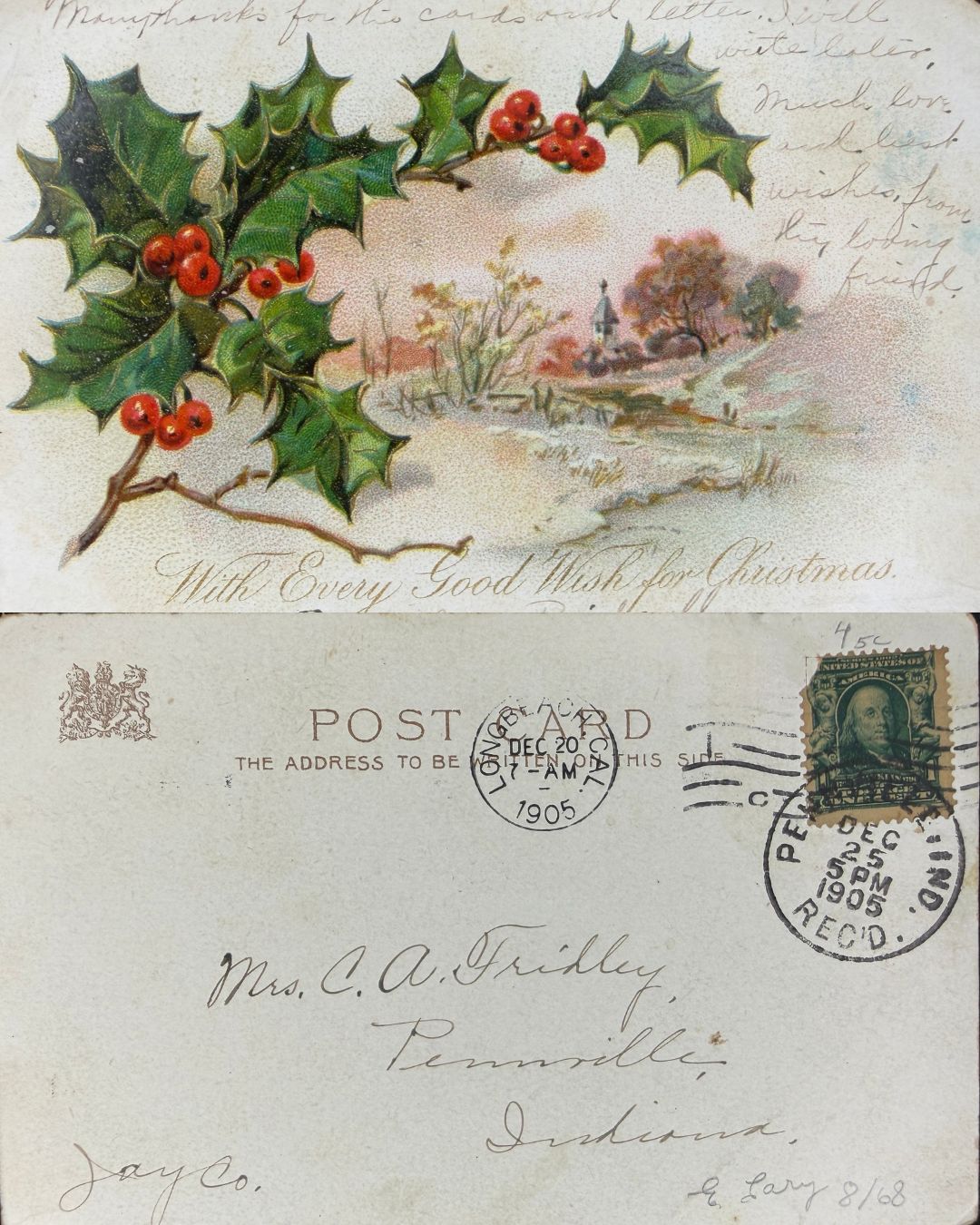 1905 Address-only Christmas Holly - Vintage Postcard