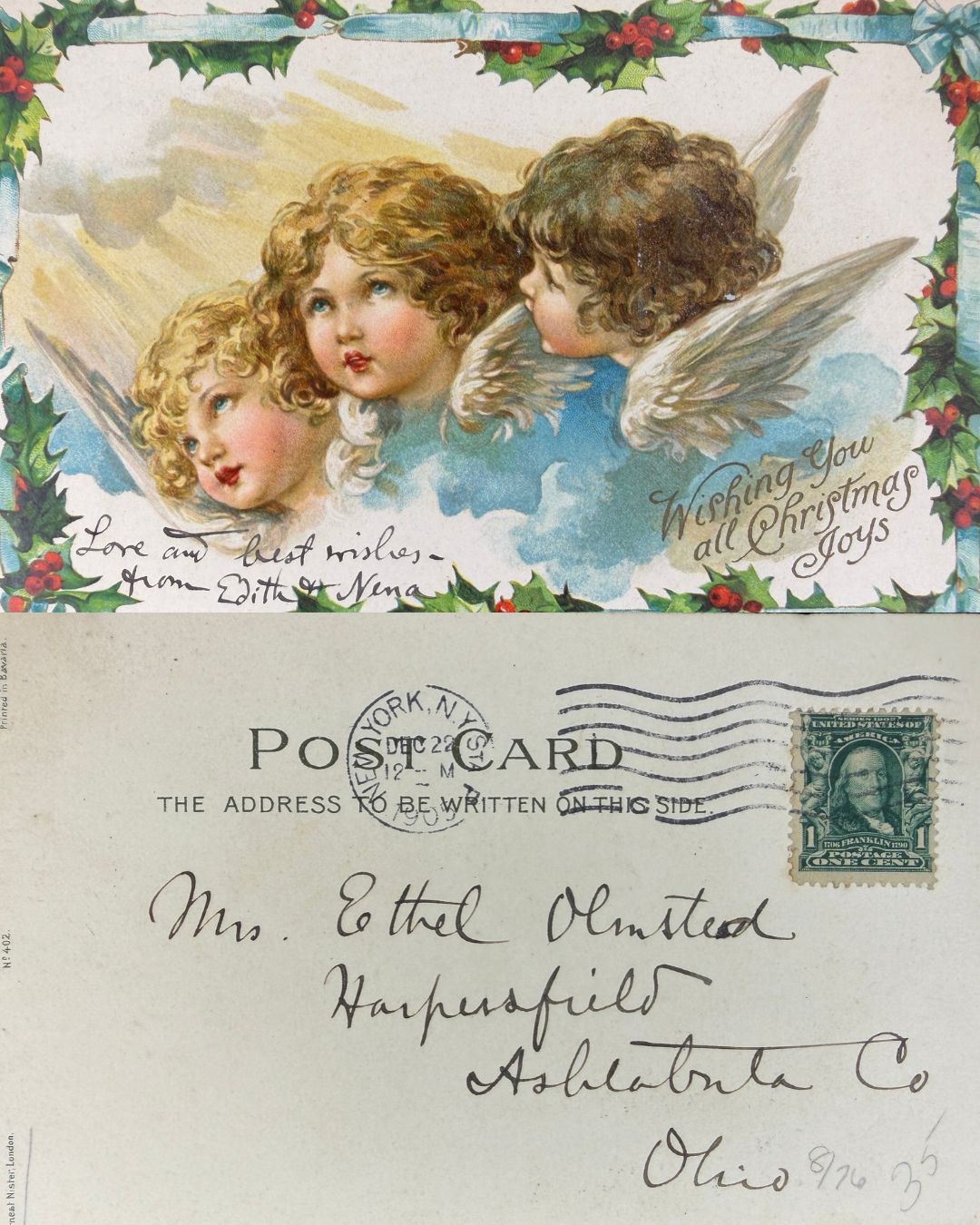 1905 Christmas Angels with Holly Border - Vintage Postcard