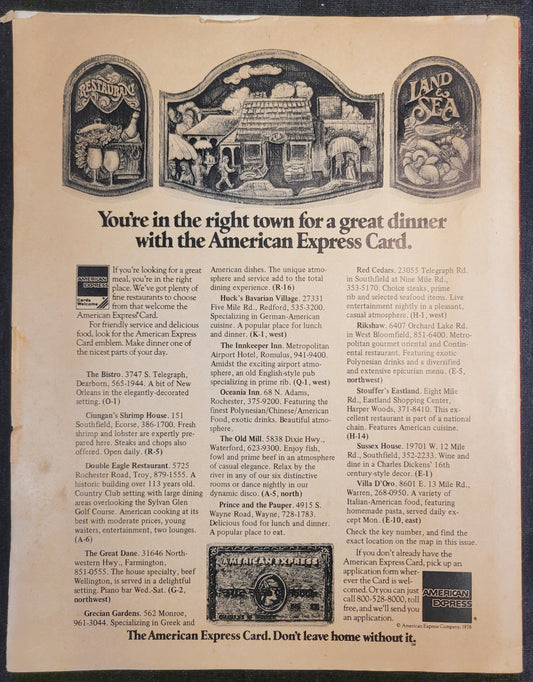 Vintage advertisement for American Express Card featuring illustrations of restaurants and text.