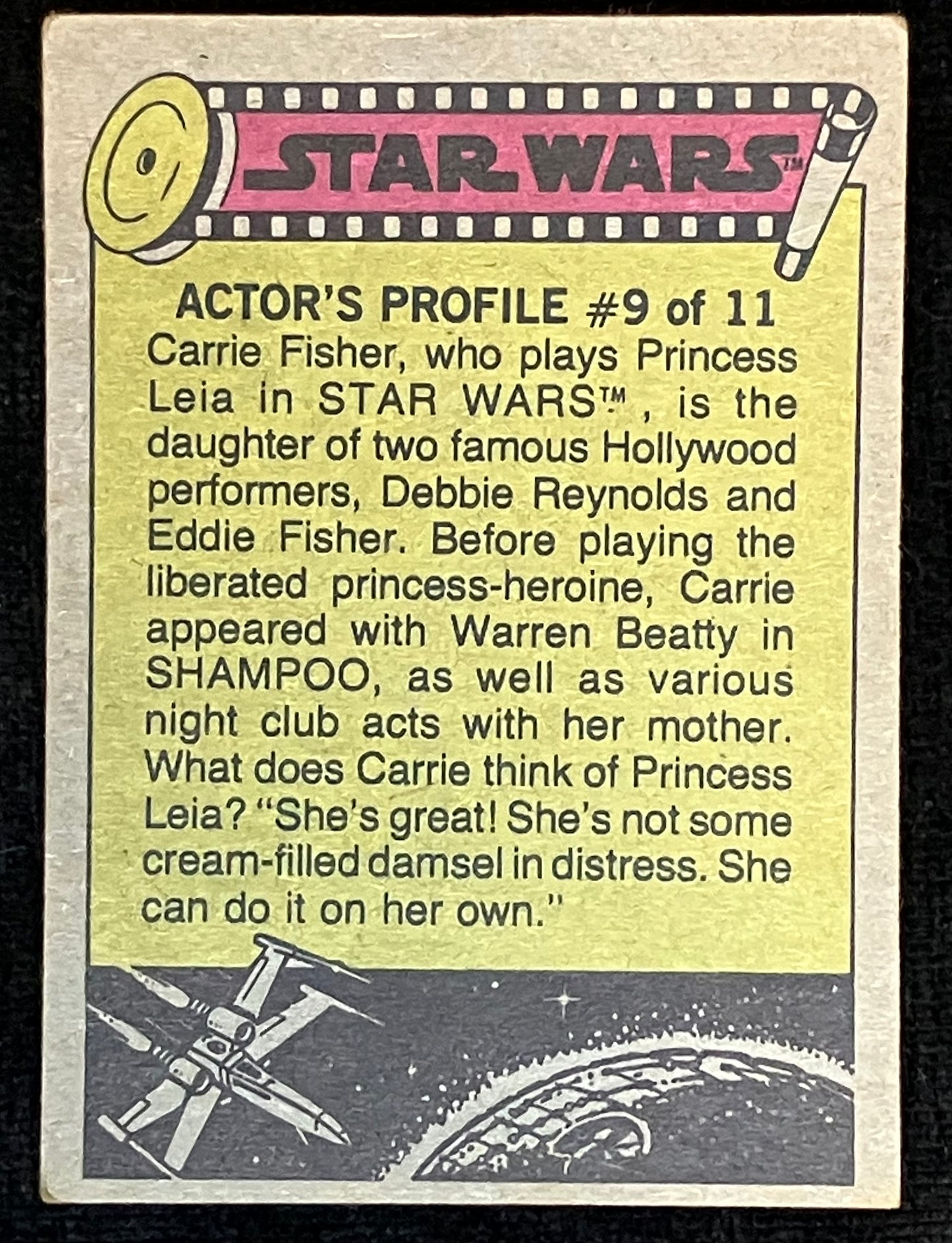 Back of trading card with actor's profile featuring Carrie Fisher as Princess Leia.