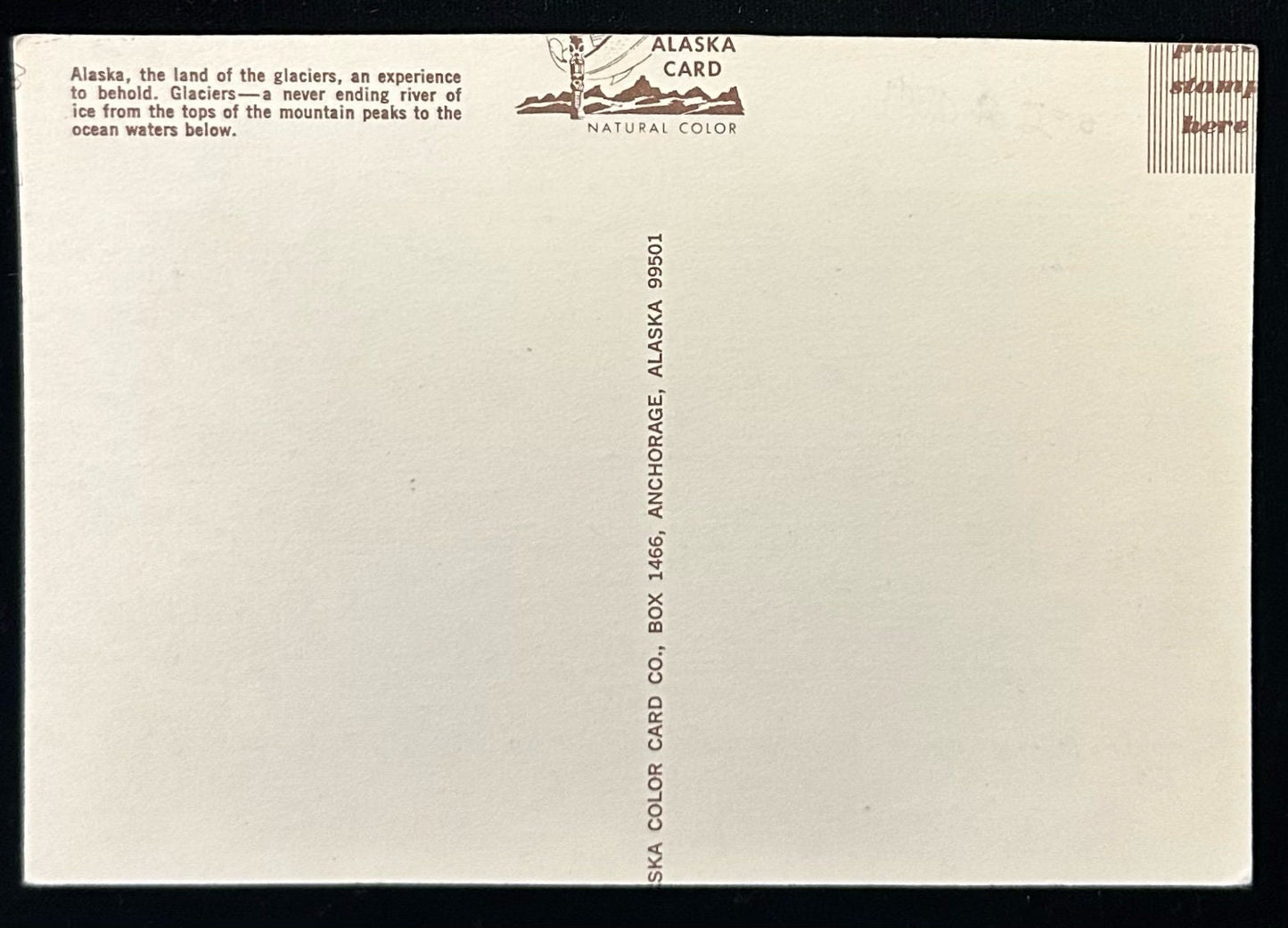 Alaska, the land of the GlaciersBack Information: Alaska, the land of the Glaciers - An experience to behold. Glaciers-a never ending river of ice form the tops of the mountain peaks to the ocean water below.Condition: Great1960'sUnmailedPhotograph Color CardPublisher: Alaska Color Card Co.