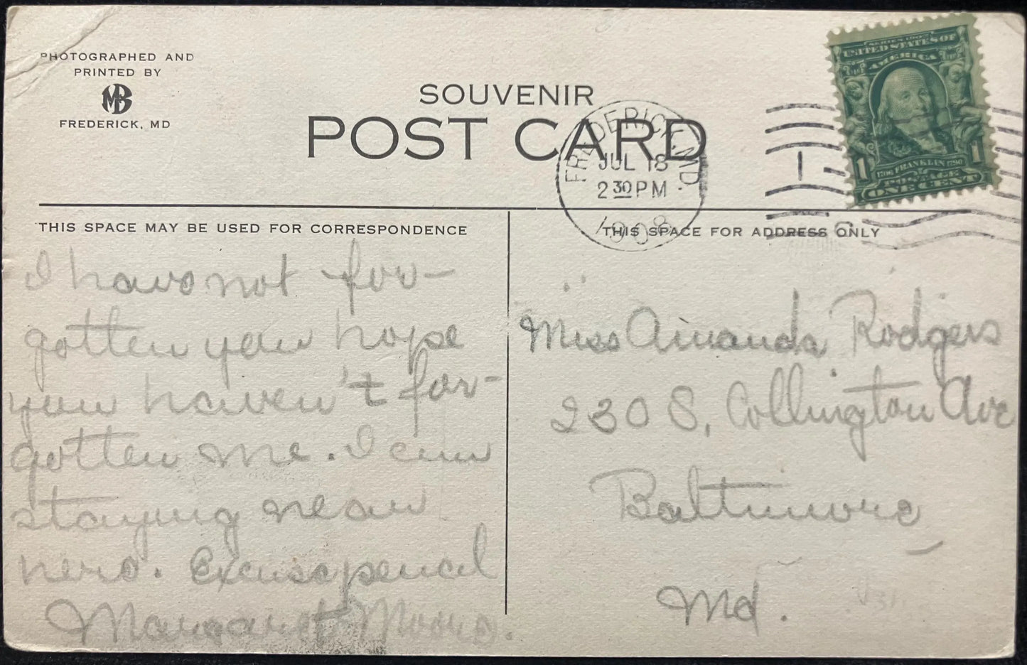 All Saints Protestant Episcopal Church, Frederick, Maryland - Vintage Church Postcard
back