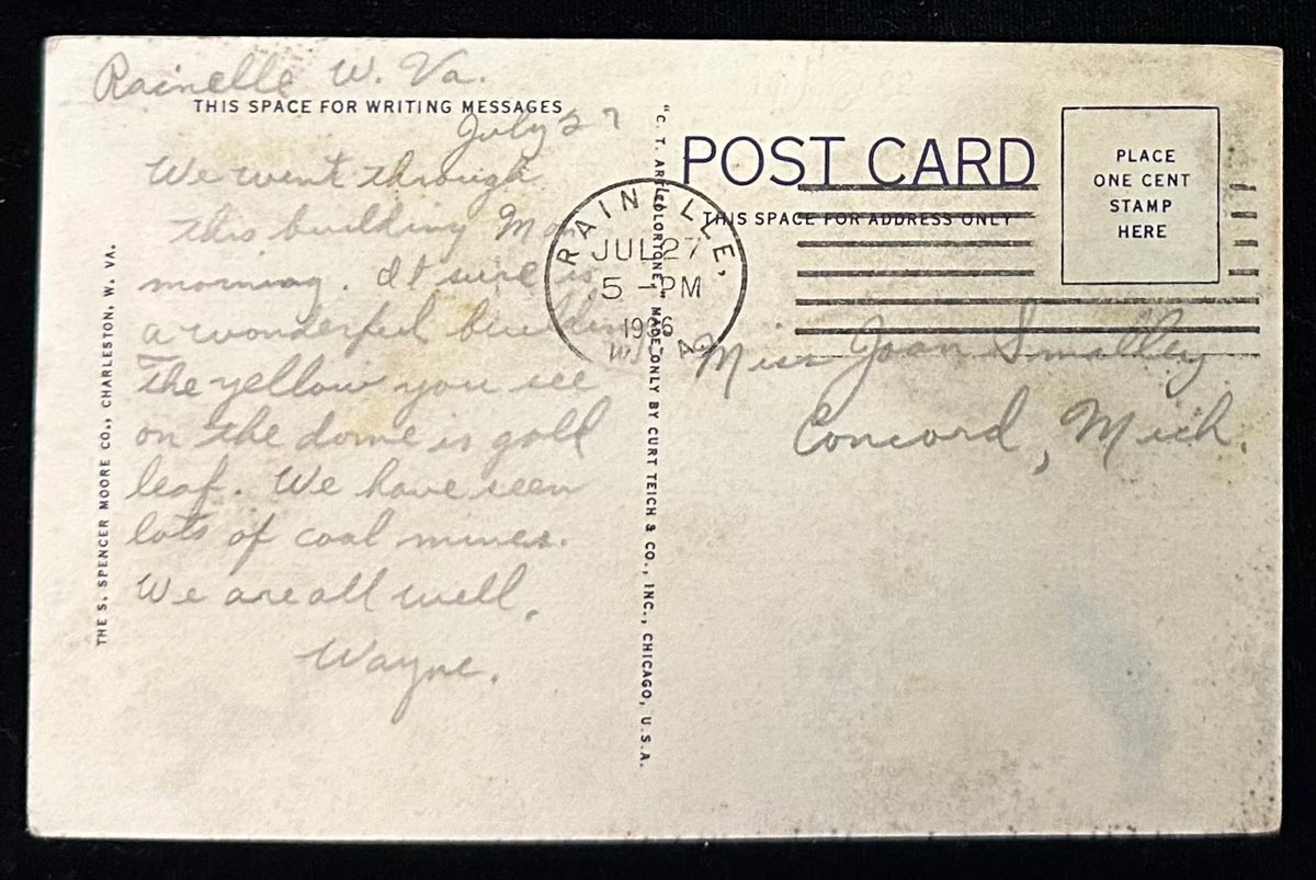 back of postcard with postmark and message/address in pencil but no stamp