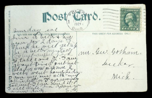 back of postcard with message and address in pen and green one-cent stamp. postmark is 1921 Ohio.