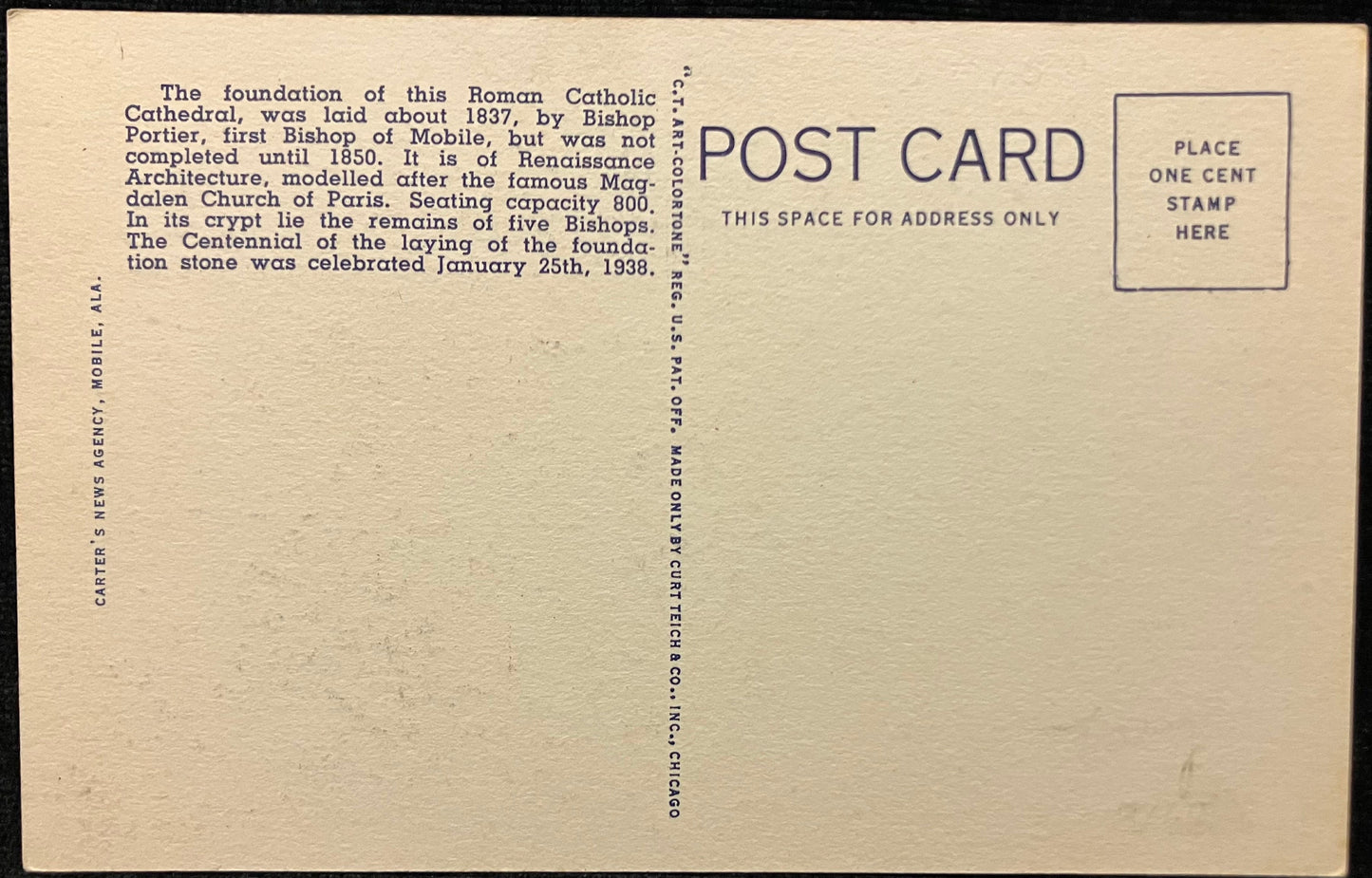 On front: “Cathedral of the Immaculate Conception, Mobile, Ala. Photo by Overbey Studio”On back: The