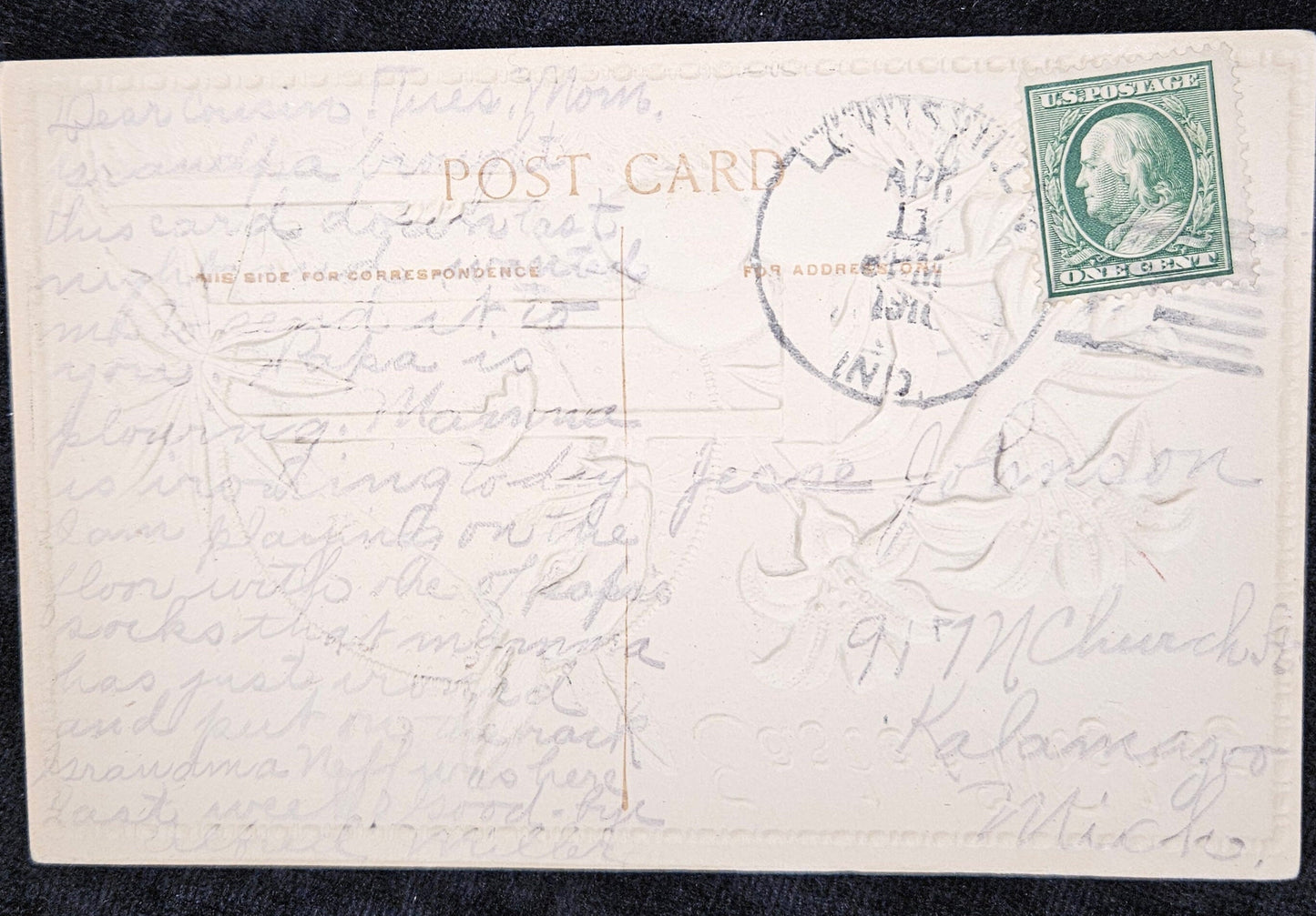 Front: Easter Wishes Back: Penciled message Divided back with green 1 cent Franklin stamp canceled 1