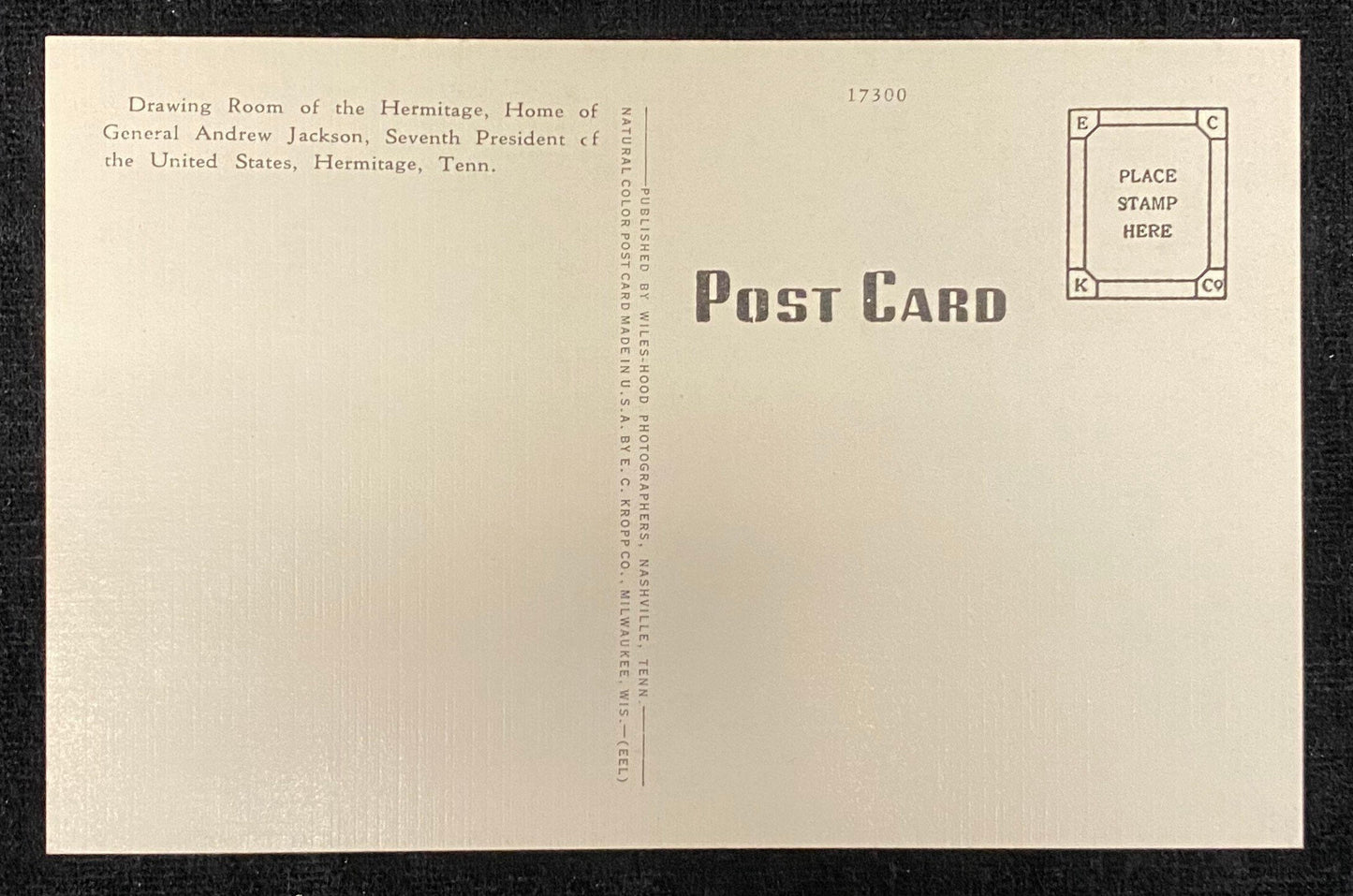back of postcard with Hermitage drawing room in Nashville, TN