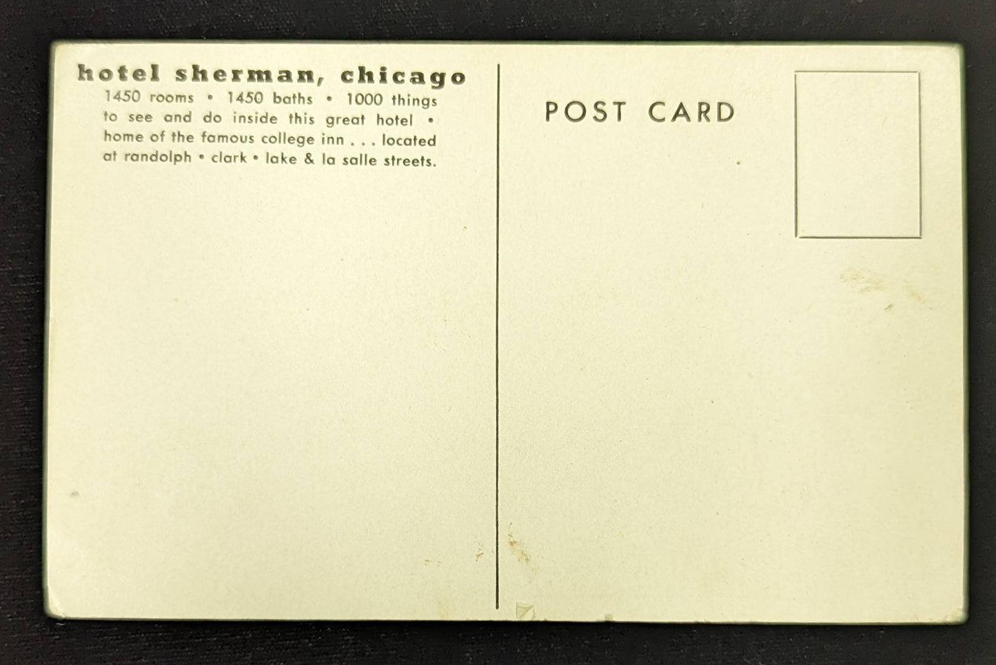 Hotel Sherman, Chicago Back Information: 1450 rooms, 1450 baths, 1000 things to see and do inside th