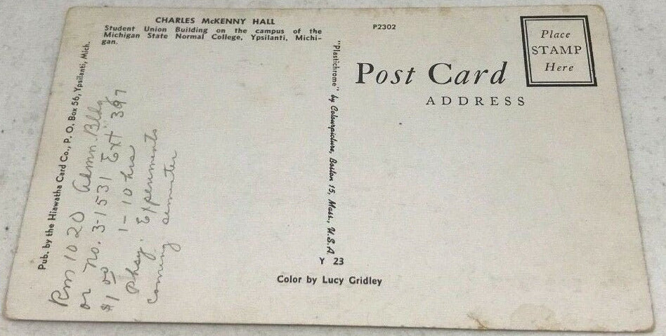 Charles McKenny Hall - Eastern Michigan Vintage Postcard