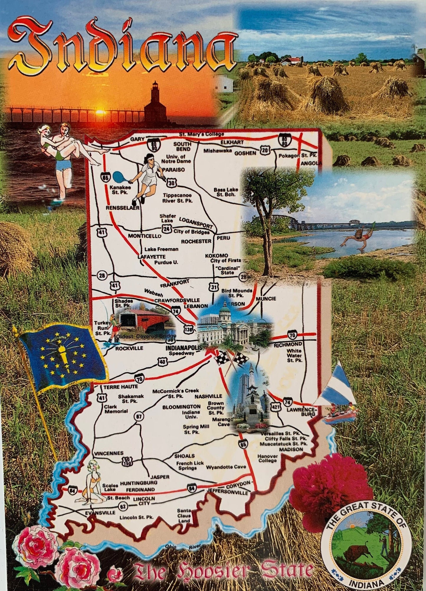 Indiana State Map Vintage Postcard