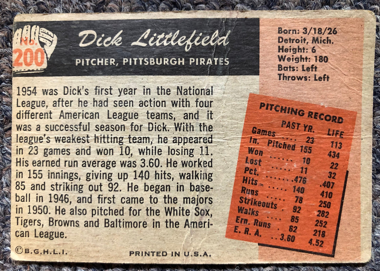 Dick Littlefield Vintage 1955 Bowman Baseball Card No. 200