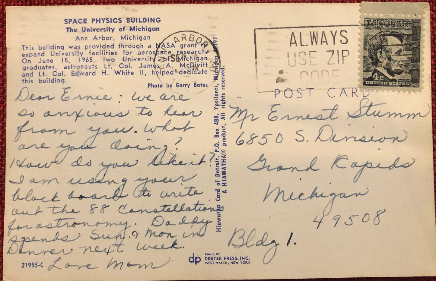 University of Michigan Space Physics Building Vintage Postcard