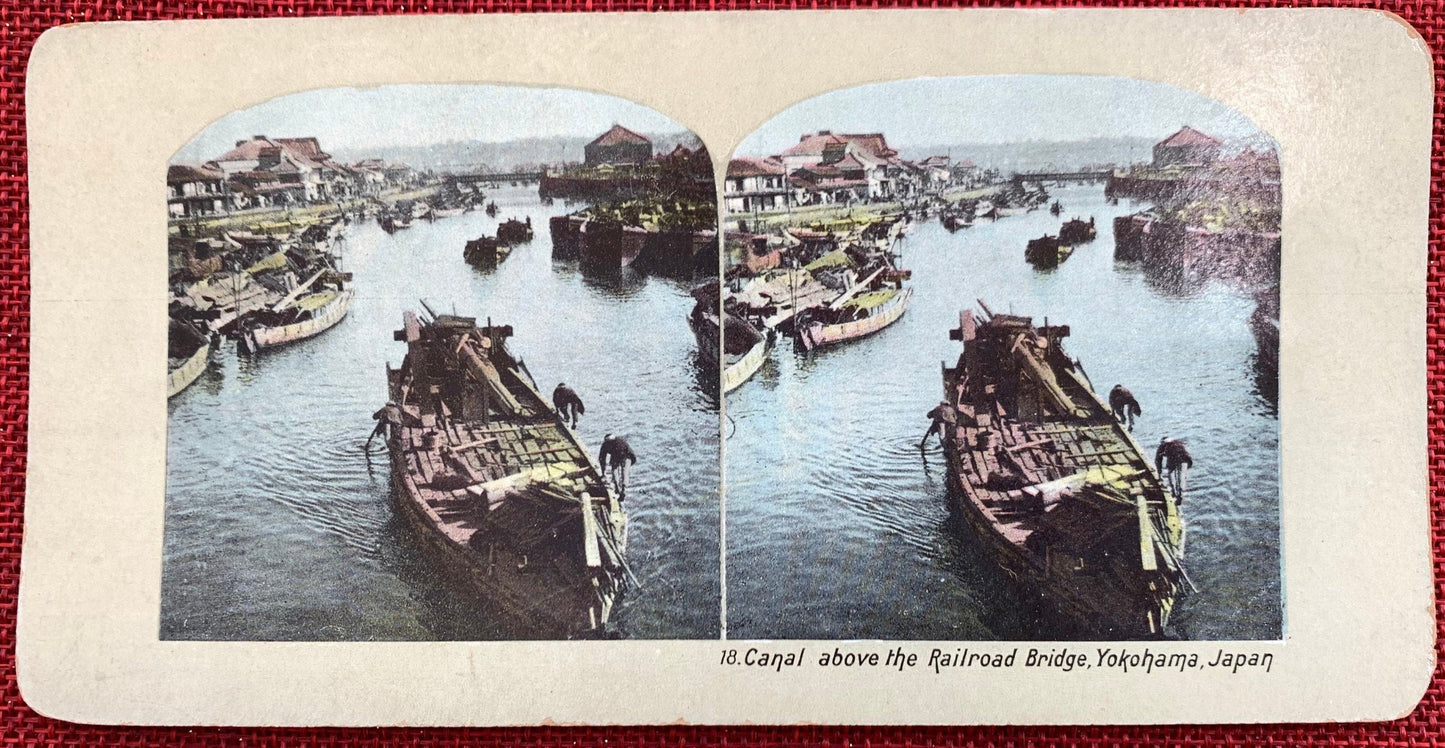 Canal above the Railroad Bridge - Yokohama, Japan - Vintage Stereo Card 1890s