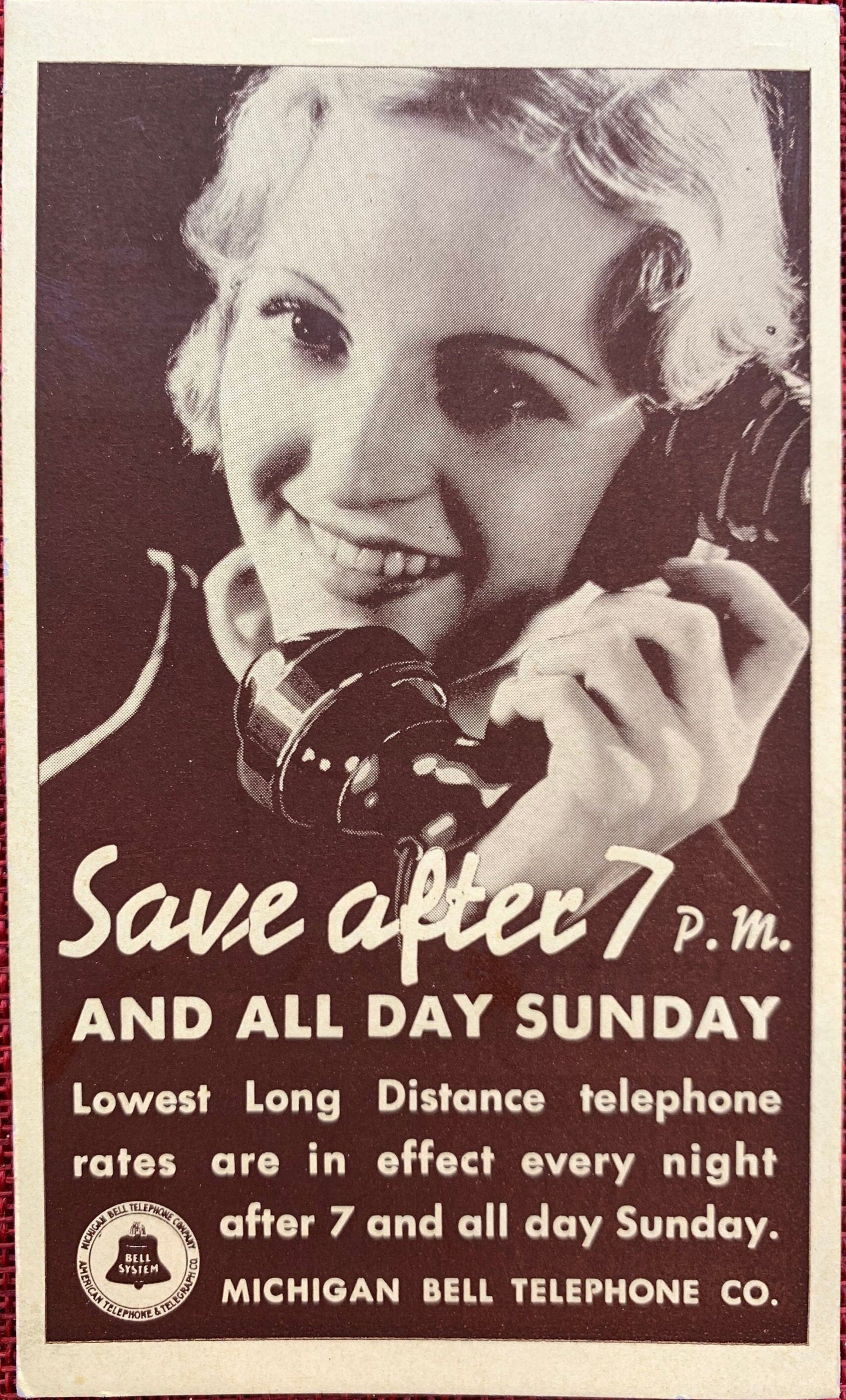 Save After 7 P.M. And All Day Sunday, Michigan Bell Telephone Co. Vintage Trade Card