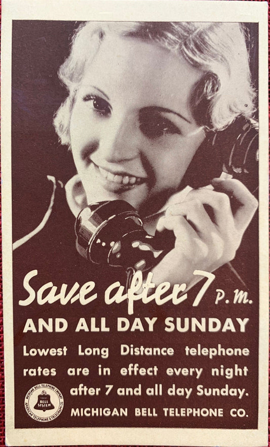 Save After 7 P.M. And All Day Sunday, Michigan Bell Telephone Co. Vintage Trade Card