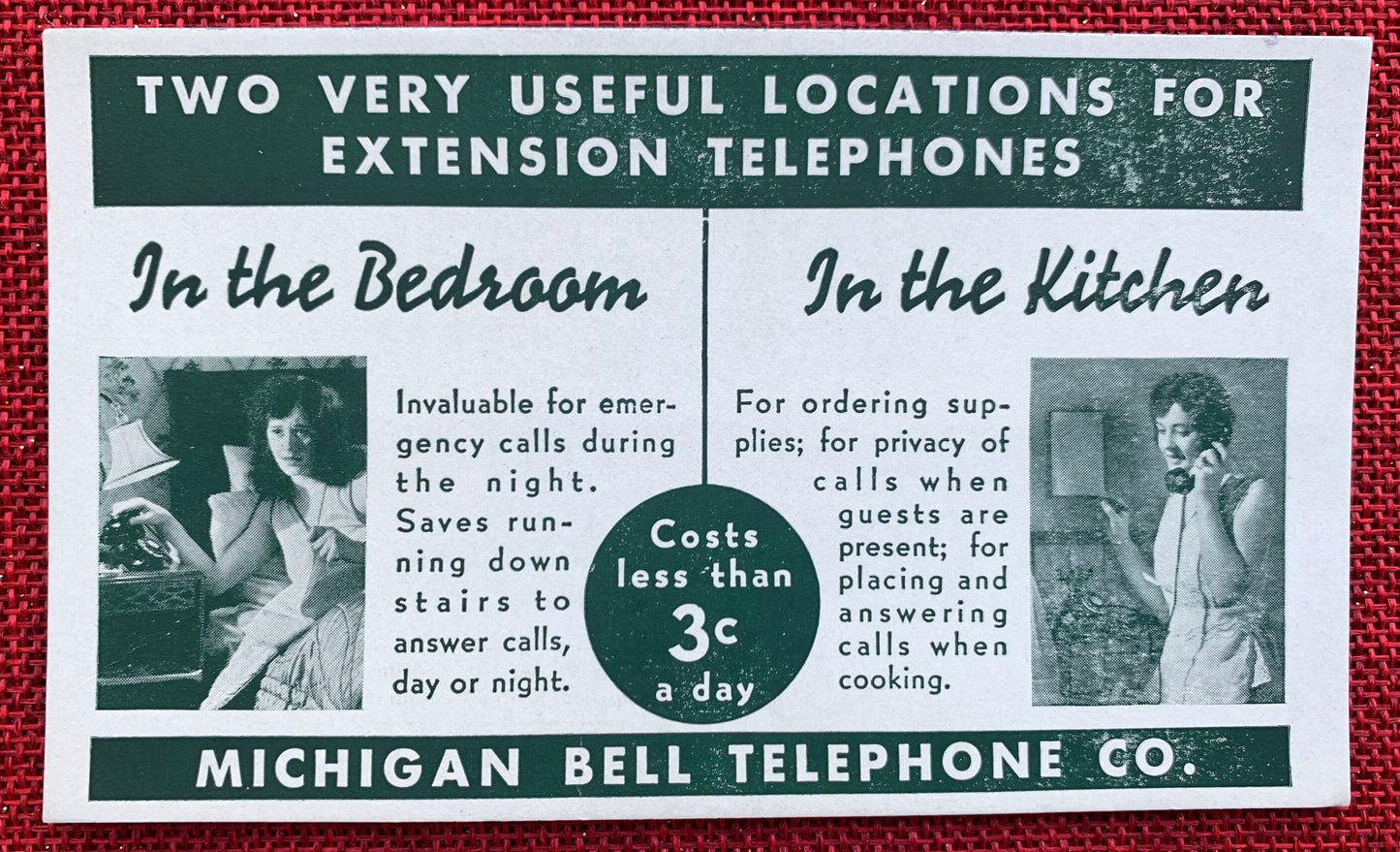 Two Very Useful Locations For Extension Telephones - Michigan Bell Telephone Co. - Vintage Trade Card