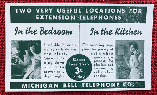 Two Very Useful Locations For Extension Telephones - Michigan Bell Telephone Co. - Vintage Trade Card