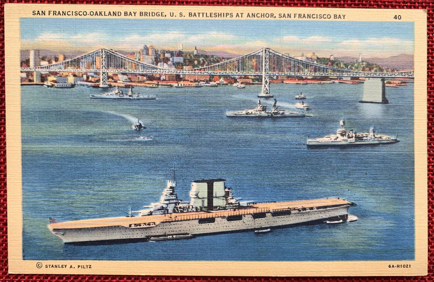 Oakland Bay Bridge - U.S. Battleships at Anchor - San Francisco Bay, California - 1940s Linen Postcard