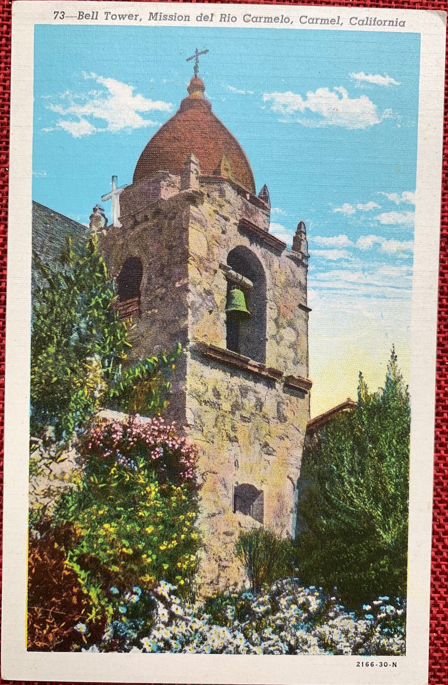 Bell Tower, Mission del Rio Carmelo - Carmel, California - 1940s Linen Postcard