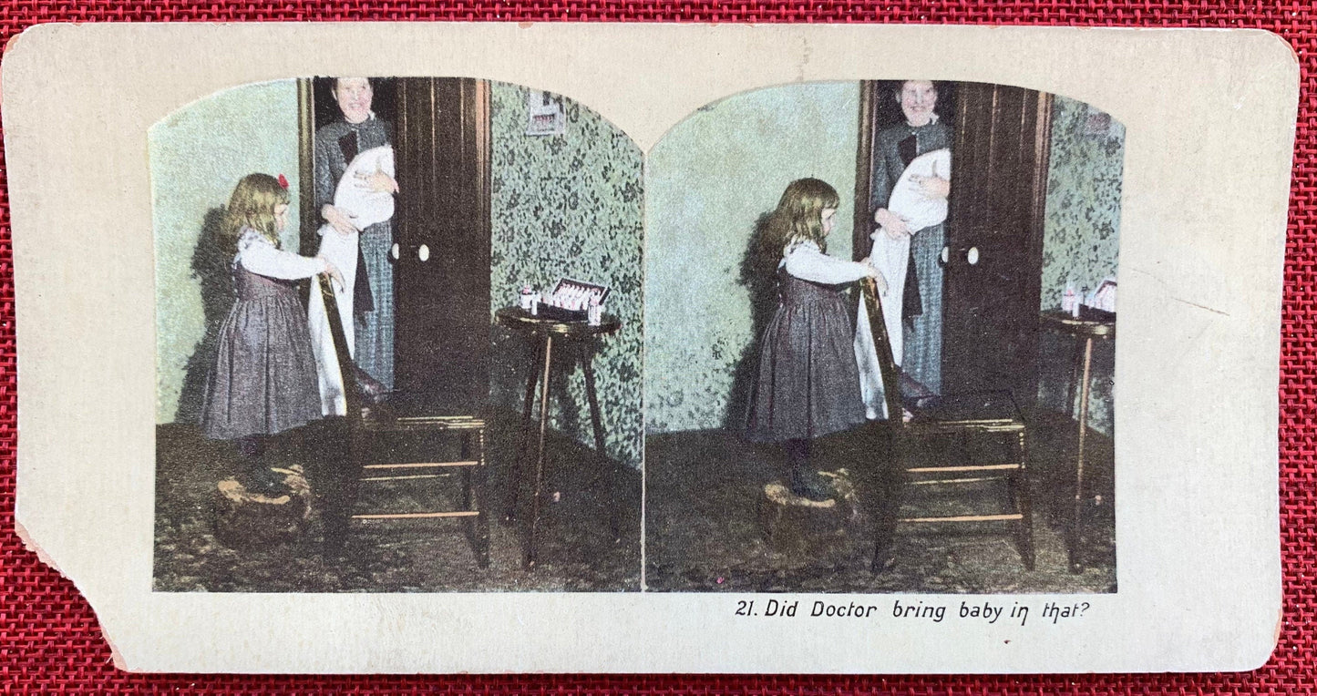 Did Doctor Bring Baby In That? - Vintage Stereo View Card - Late 1800s - Little Girl Looking at New Baby