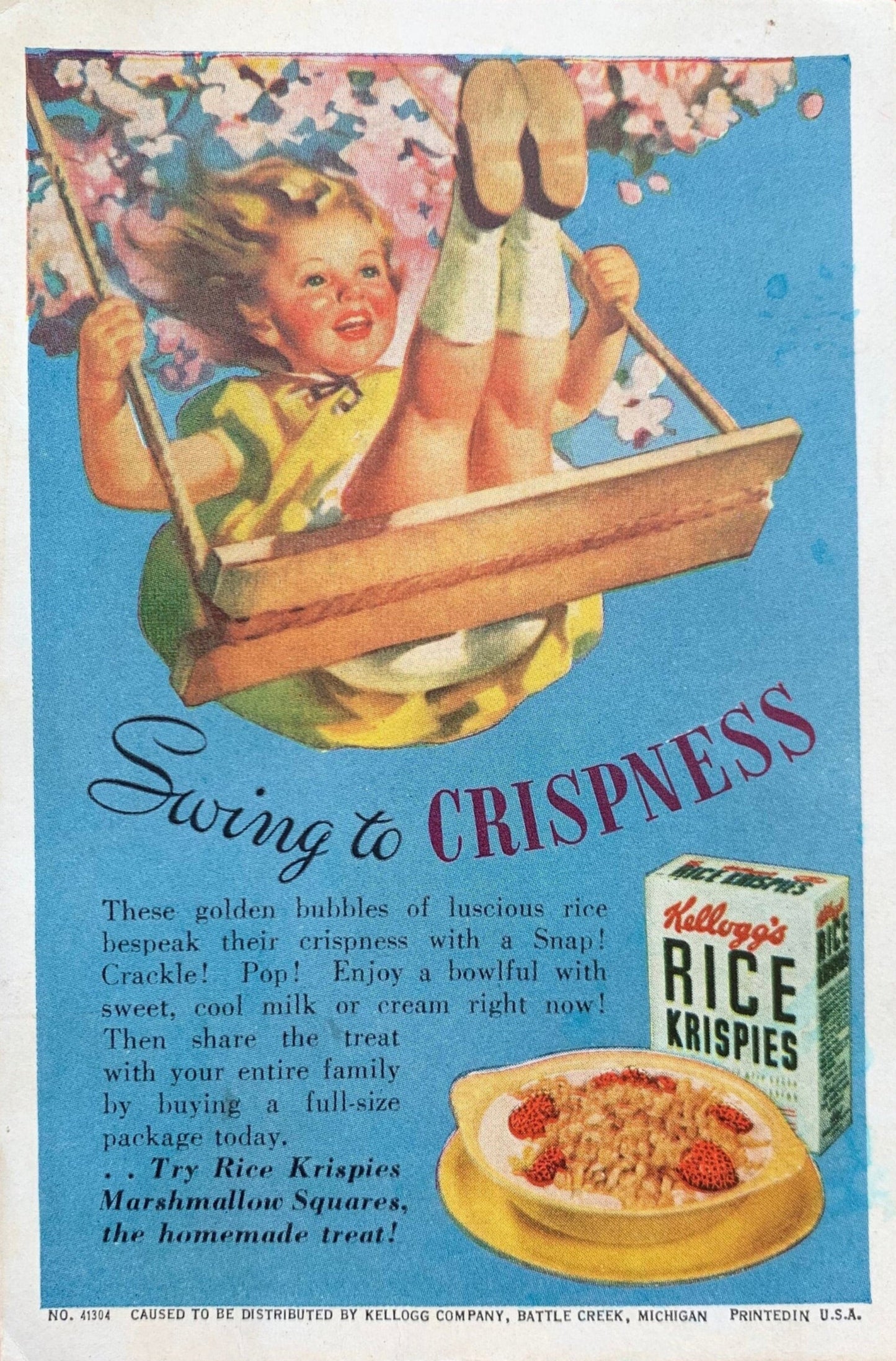 Kellogg's "Swing to Crispness" Rice Krispies Trade Card, Vintage 1940s