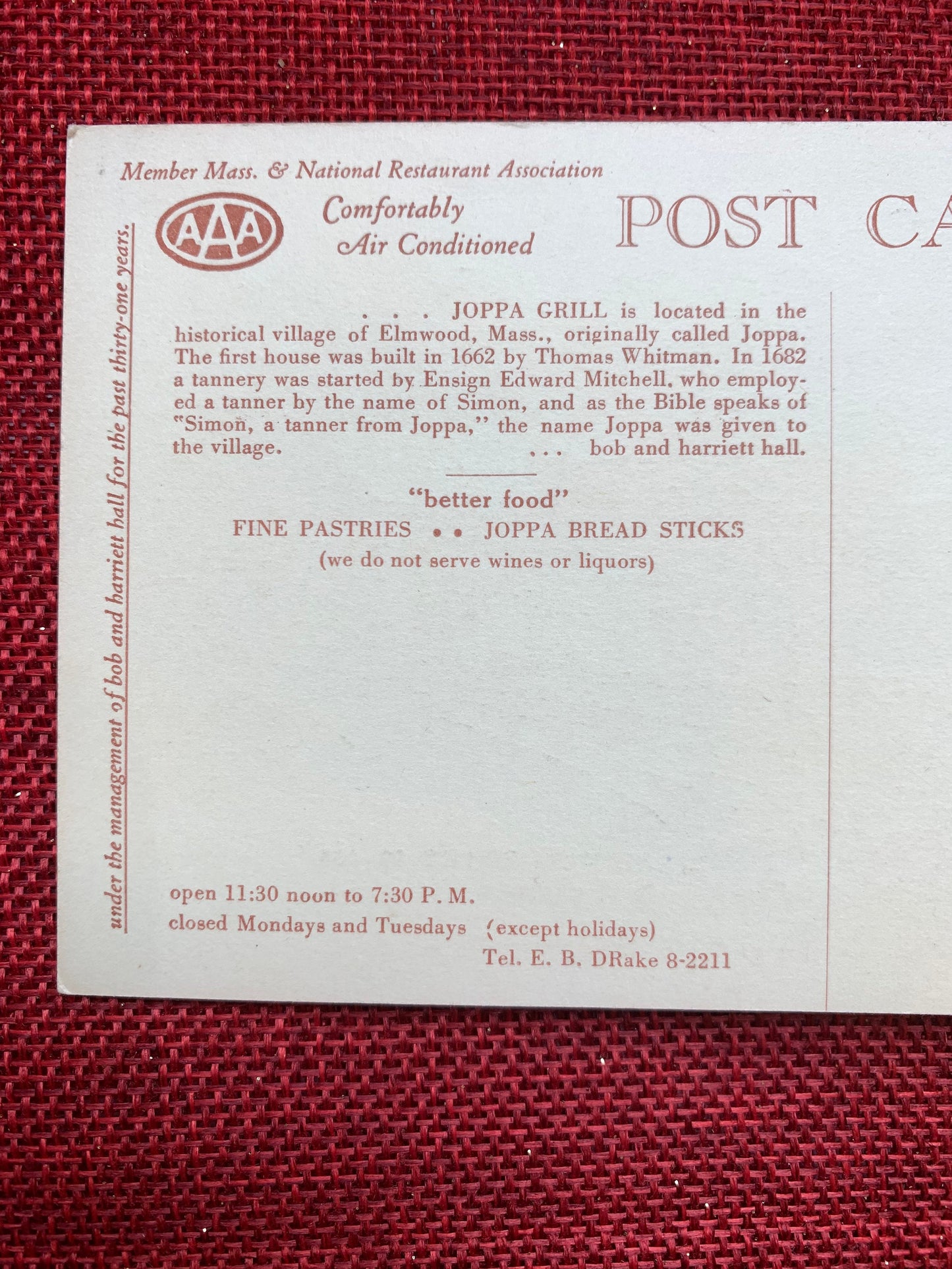 Joppa Grill "Better Food" Elmwood, Massachusetts Vintage Postcard