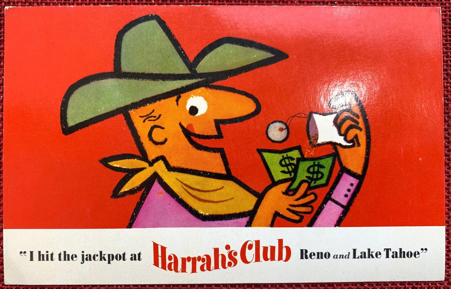 Cowboy I Hit The Jackpot At Harrah's Club Reno and Lake Tahoe Vintage Postcard