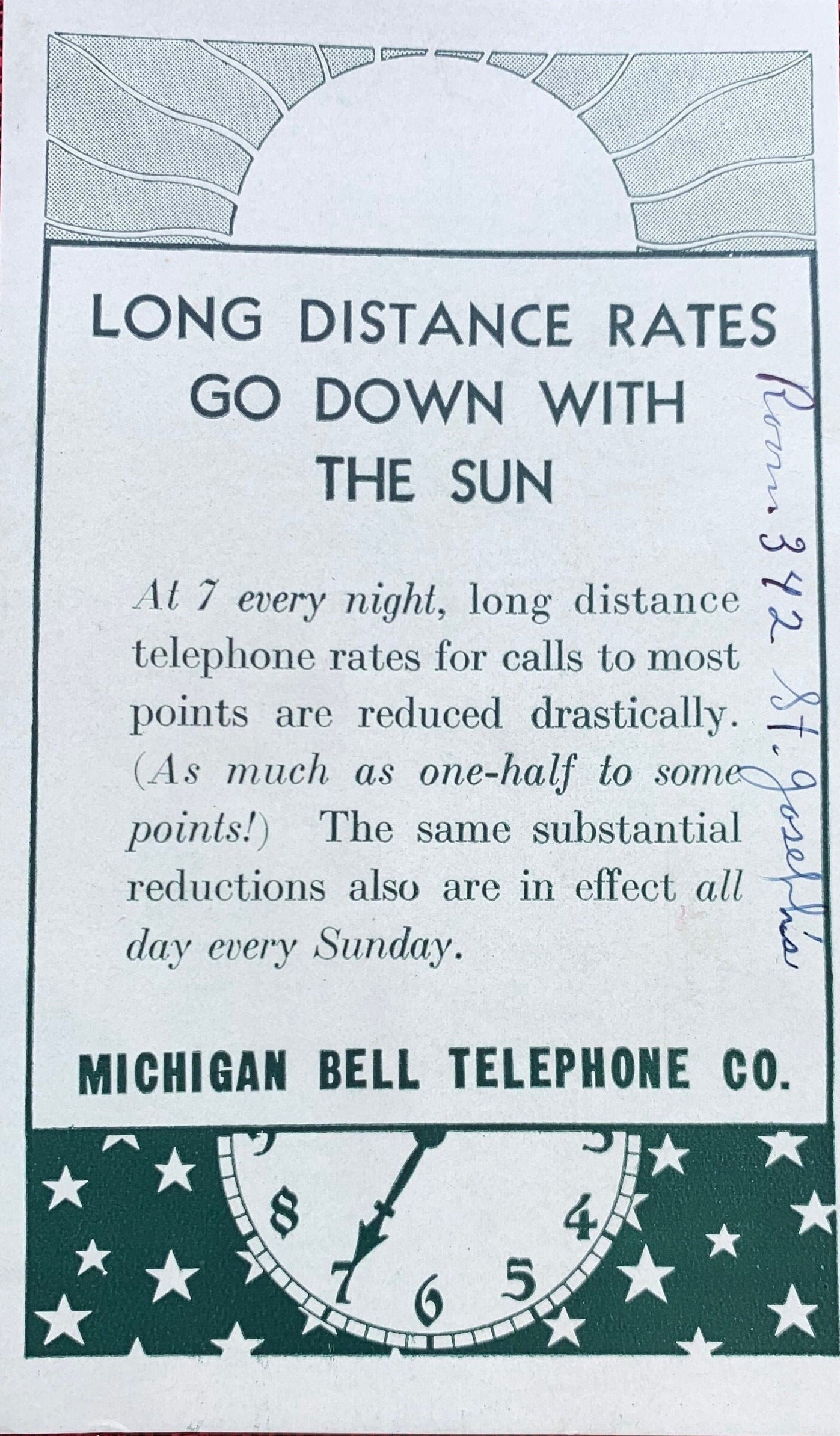 Long Distance Rates Go Down With The Sun - Michigan Bell Telephone Co. - Vintage Trade Card
