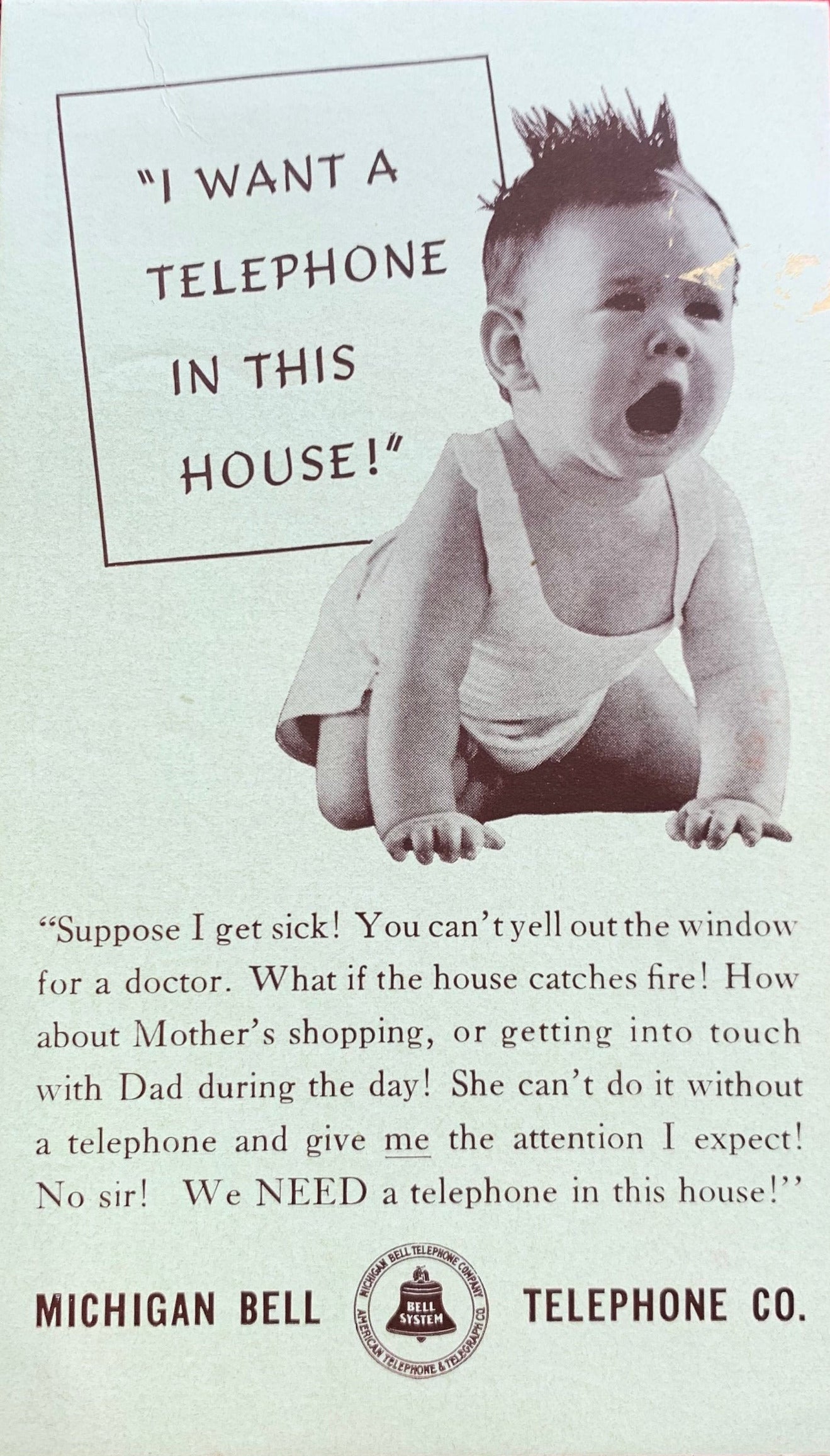 I Want A Telephone In This House! - Michigan Bell Telephone Co. - Vintage Trade Card Advertisement