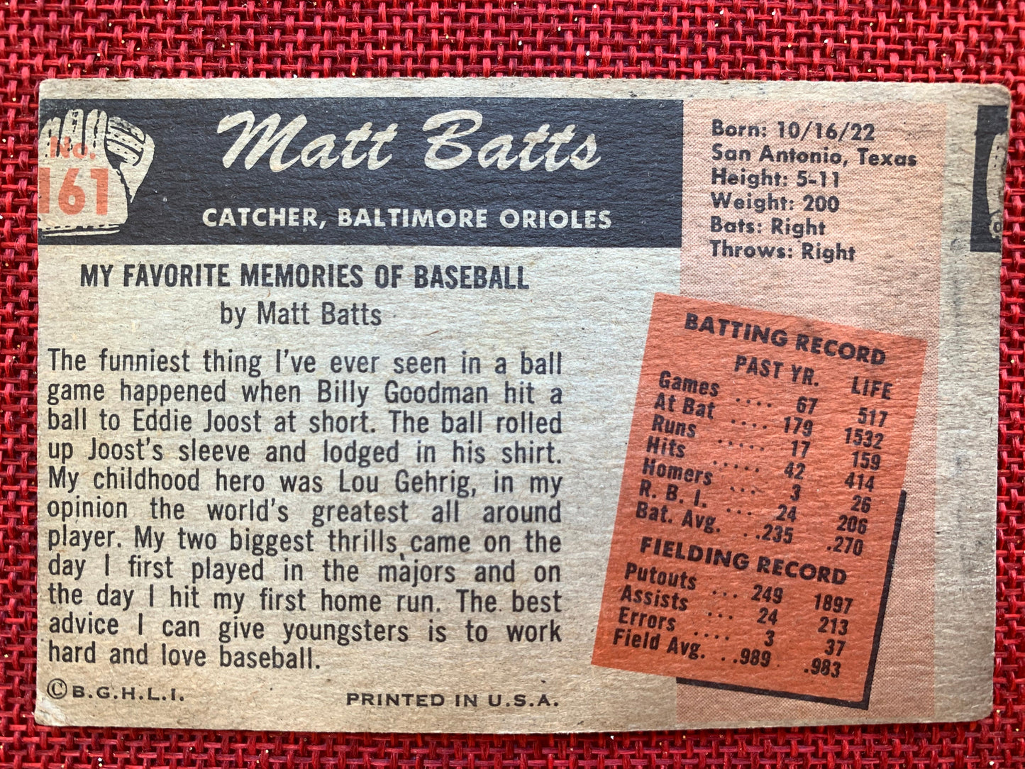 Matt Batts Vintage 1955 Bowman Baseball Card No. 161, Catcher, Baltimore Orioles
