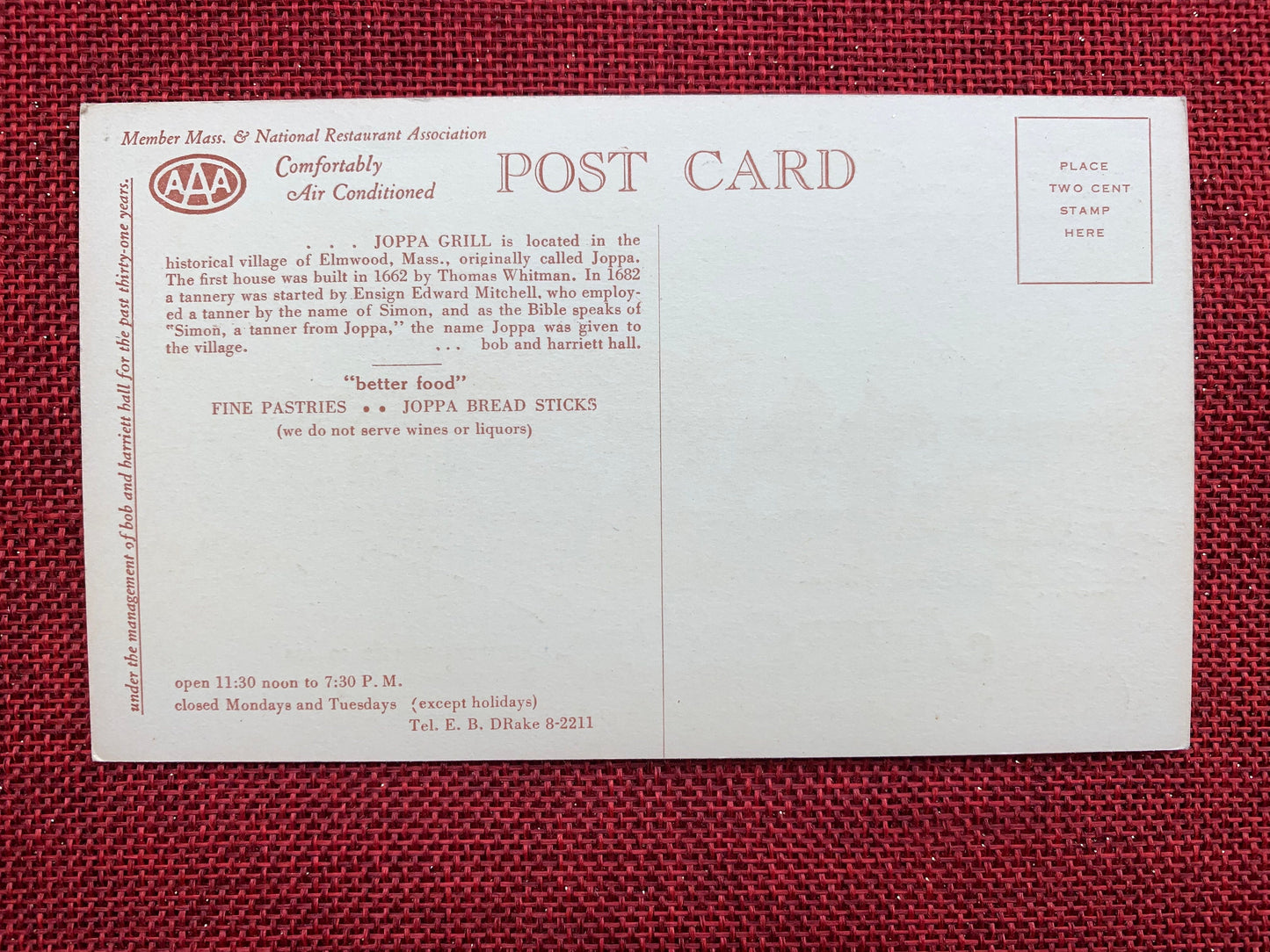 Joppa Grill "Better Food" Elmwood, Massachusetts Vintage Postcard