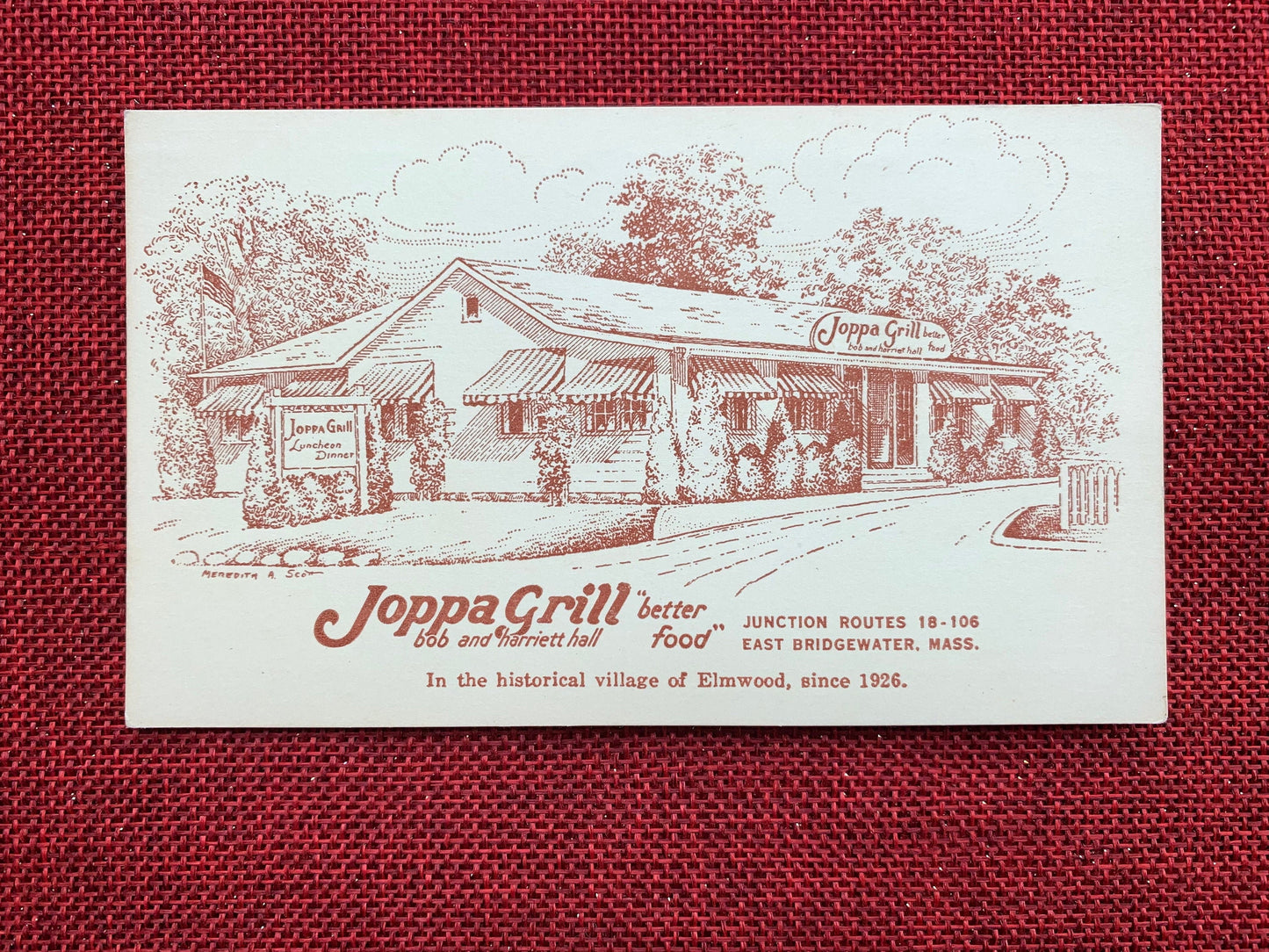 Joppa Grill "Better Food" Elmwood, Massachusetts Vintage Postcard