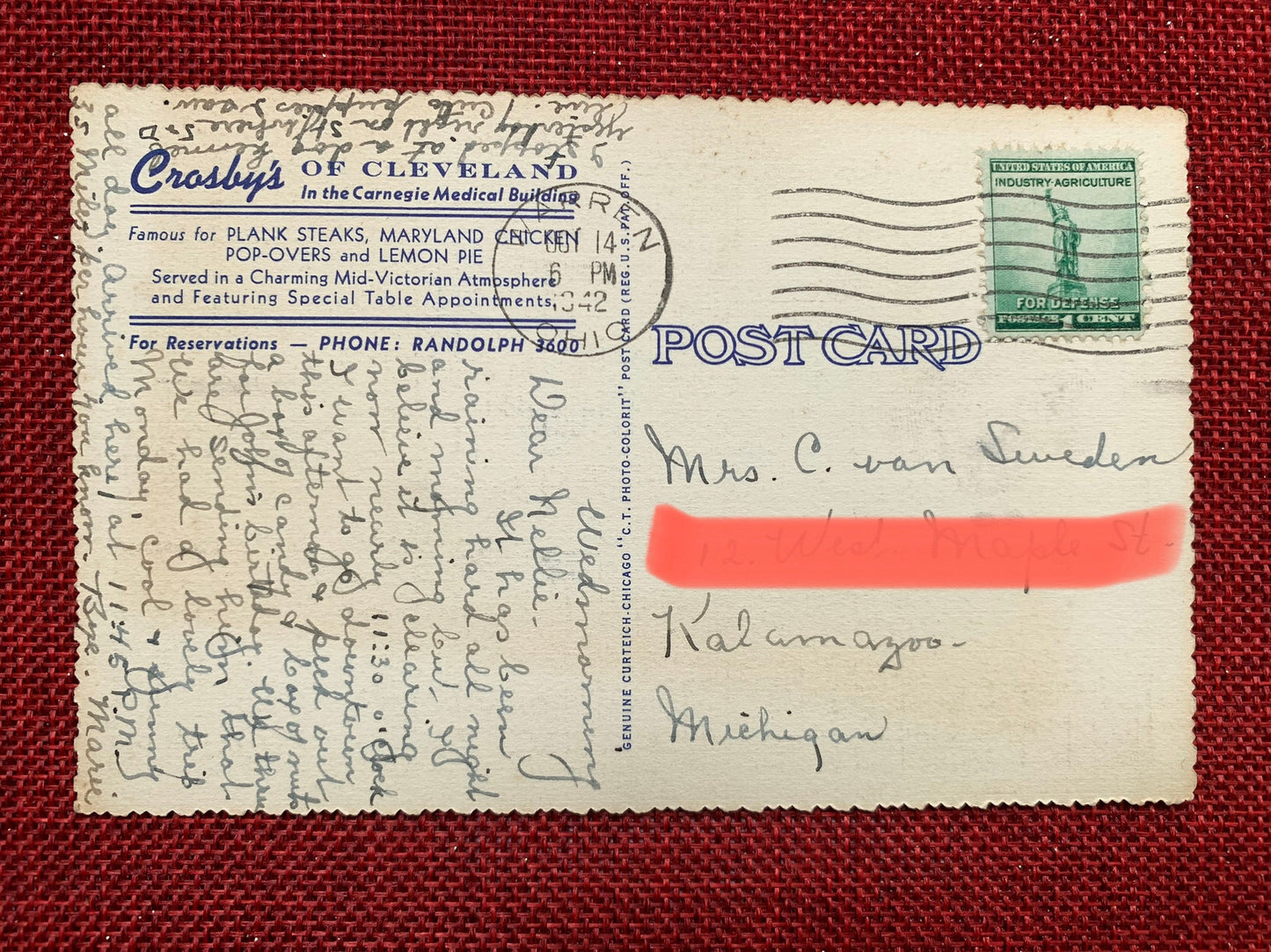 The Lounge, Crosby's of Cleveland, Ohio - Vintage Linen Postcard With Scalloped Edges 1940s