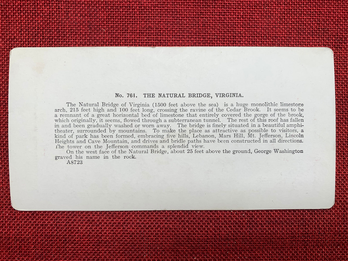 The Natural Bridge, Virginia, Appalachian Mountains Vintage Stereo View Card, Late 1800s