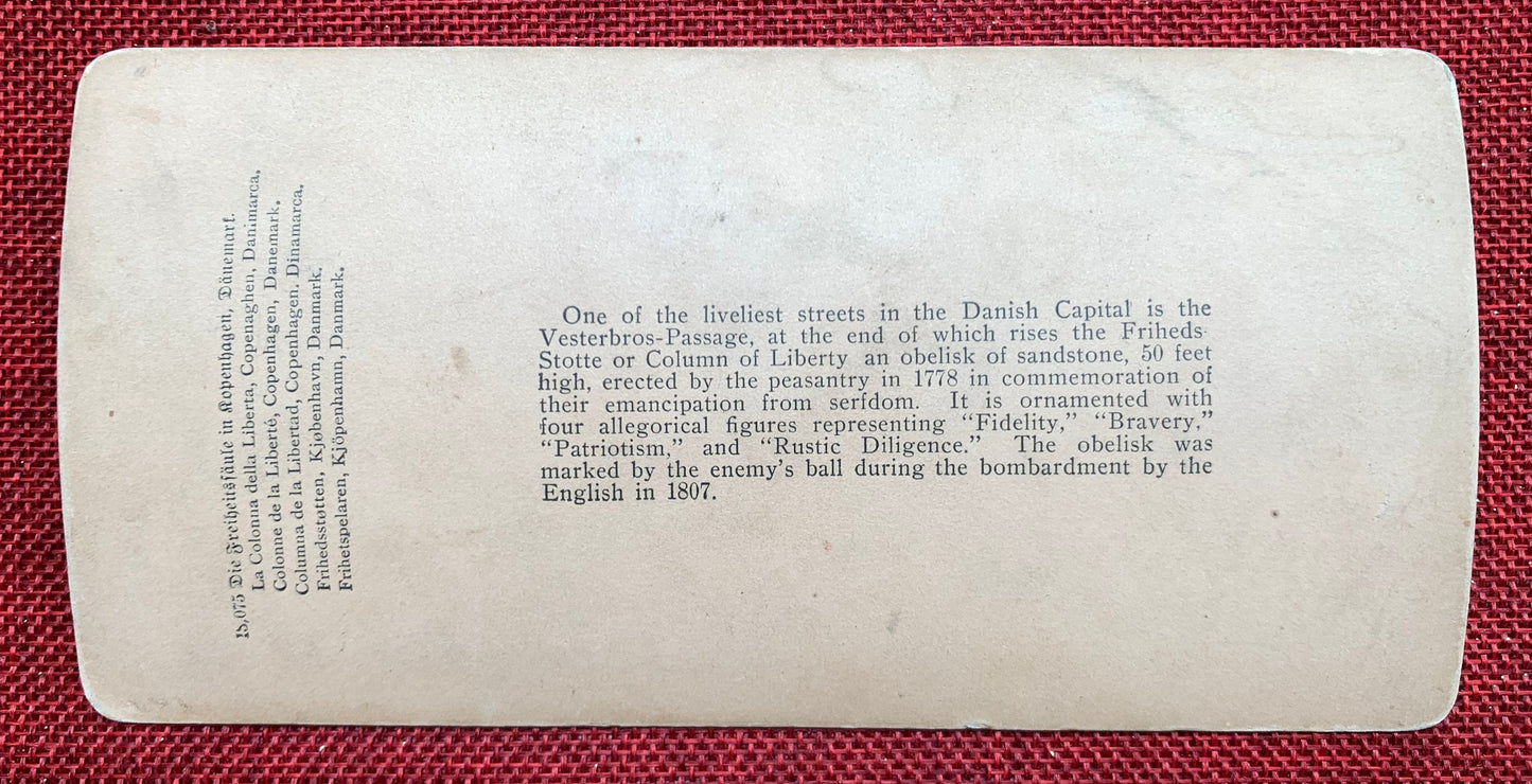 The Column of Liberty - Copenhagen, Denmark - Vintage Stereo View Card - 1901