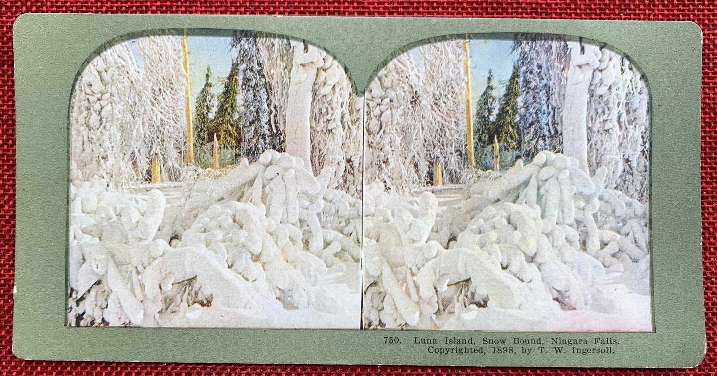 Luna Island - Niagara Falls in Winter - Late 1800s Stereo View Card