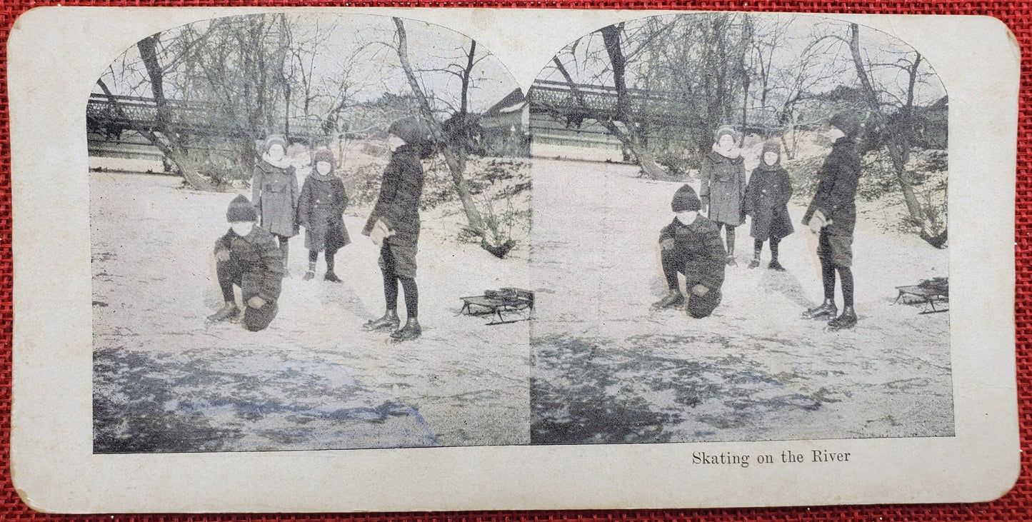 Skating on the River - Vintage Stereo View Card - 1910s